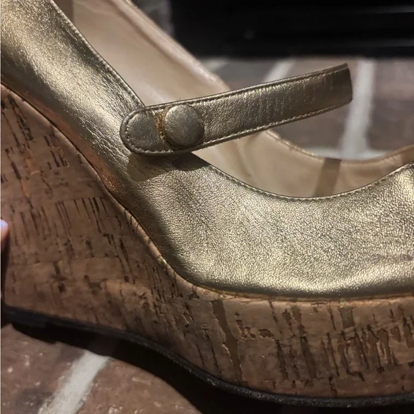 Christian Louboutin Metallic Gold Leather Cork Platform Wedge Mary Jane - Picture 12 of 16